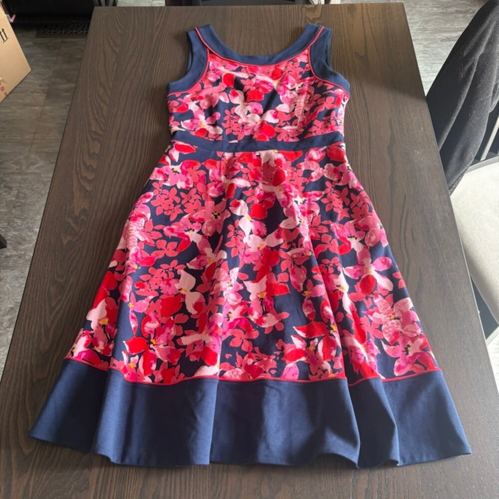 Lands End Green Navy Floral Colorblock Dress w/ Pockets Sz 8 Fit & Flare Preppy